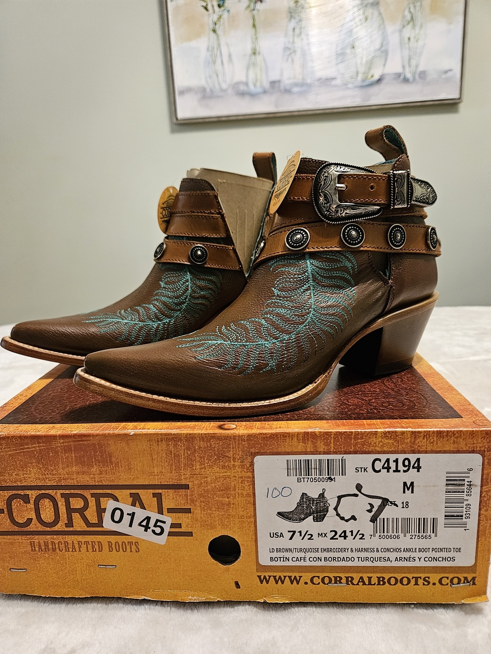 Corral Brown Leather Ankle Boots with Turquoise Embroidery and Concho Strap